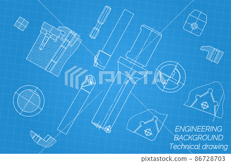 Mechanical engineering drawings on blue background. Tap tools, borer, cutting tools, milling cutter. Technical Design. Cover. Blueprint. Vector illustration. 86728703