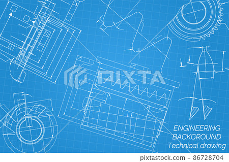 Mechanical engineering drawings on blue background. Tap tools, borer, cutting tools, milling cutter. Technical Design. Cover. Blueprint. Vector illustration. 86728704