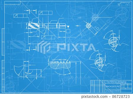 Mechanical engineering drawings on blue background. Tap tools, borer. Technical Design. Cover. Blueprint. Vector illustration. 86728723