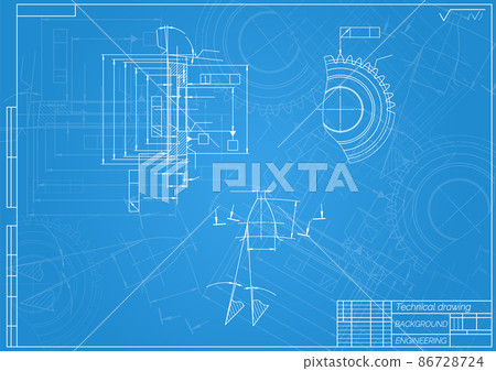 Mechanical engineering drawings on blue background. Gear cutting tool. Technical Design. Cover. Blueprint. Vector illustration. 86728724