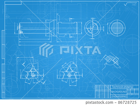 Mechanical engineering drawings on blue background. Tap tools, borer. Technical Design. Cover. Blueprint. Vector illustration. 86728725