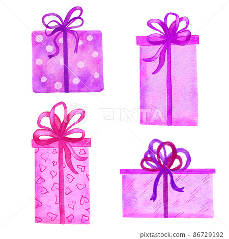 Watercolor hand drawn illsutration of pink purple fuchsia gift boxes. Bright lilac birthday presents celebration surprise. Girly wrapping packages with hearts polka dot. Ribbow bows. Watercolor hand drawn illsutration of pink purple fuchsia gift boxes. Bright lilac birthday presents celebration surprise. Girly wrapping packages with hearts polka dot. Ribbow bows. 86729192