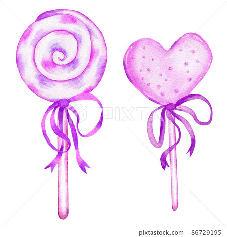 Watercolor hand drawn isolated illustration of pink purple candy, pastel candies sweets dessert. Bright party food, elements for birthday baby shower decor. Swirl lollipop hard sugar bonbon in polka Watercolor hand drawn isolated illustration of pink purple candy, pastel candies sweets dessert. Bright party food, elements for birthday baby shower decor. Swirl lollipop hard sugar bonbon in polka 86729195