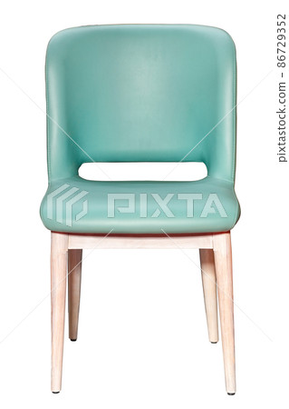 An upholstered chair with muted emerald green leather upholstery and wooden legs, isolated on a white background. An upholstered chair with muted emerald green leather upholstery and wooden legs, isolated on a white background. 86729352