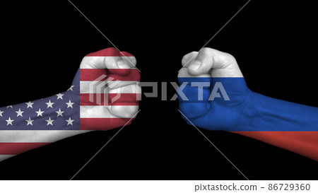 USA vs versus Russia. The new cold war between the USA and Russia for the Ukraine territory, on black background USA vs versus Russia. The new cold war between the USA and Russia for the Ukraine territory, on black background 86729360