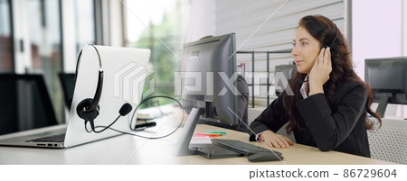 Business people wearing headset working in office broaden view Business people wearing headset working in office broaden view 86729604