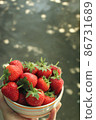 Fresh strawberry in a bowl on hand for breakfast with copy space. 86731689