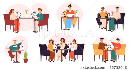 Live streaming, broadcast flat vector illustration. Male and female social media network bloggers collaboration. Online broadcast or recording of interviews. People collection of scenes Live streaming, broadcast flat vector illustration. Male and female social media network bloggers collaboration. Online broadcast or recording of interviews. People collection of scenes 86732048