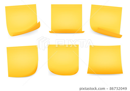 Realistic square yellow paper sticky memo notes. Office reminder sticker pages with curled corners. Yellow stick note isolated on white background, vector illustration Realistic square yellow paper sticky memo notes. Office reminder sticker pages with curled corners. Yellow stick note isolated on white background, vector illustration 86732049