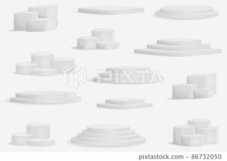 Realistic winner podium. 3D round and square stages. Stepped exhibition or award ceremony platforms set. Showroom pedestals, floor stage platform vector isolated mockup Realistic winner podium. 3D round and square stages. Stepped exhibition or award ceremony platforms set. Showroom pedestals, floor stage platform vector isolated mockup 86732050