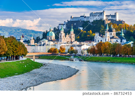 Salzburg, Austria. Festung Hohensalzburg, old city and Salzach River 86732453