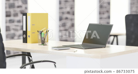 modern office with laptop notebook and files on wooden desk with bright day lighting and big windows 3d render illustration modern office with laptop notebook and files on wooden desk with bright day lighting and big windows 3d render illustration 86733075