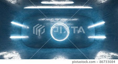blue futuristic concrete room studio with industrial design 3d render illustration 86733084