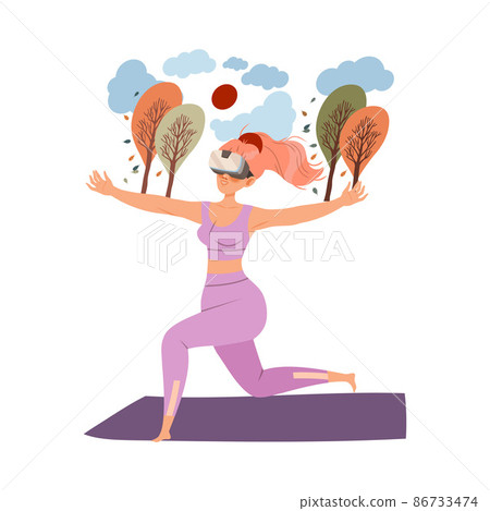 Girl doing yoga using virtual reality glasses. Woman using modern device cartoon vector illustration Girl doing yoga using virtual reality glasses. Woman using modern device cartoon vector illustration 86733474