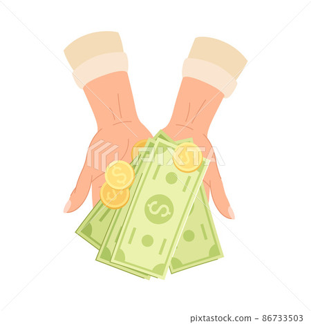 Hand with Green Dollar Banknote or Paper Money and Coins Rested on Open Palm Vector Illustration Hand with Green Dollar Banknote or Paper Money and Coins Rested on Open Palm Vector Illustration 86733503