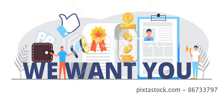 We want you, recruitment concept, great gob vector illustration. Startup, gob interview online concept with tiny people, big letters. 86733797
