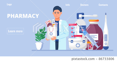 Pharmacy online shop concept for Ui, web, homepage. Pharmacist sells medications, pills. Pharmacy online shop concept for Ui, web, homepage. Pharmacist sells medications, pills. 86733806