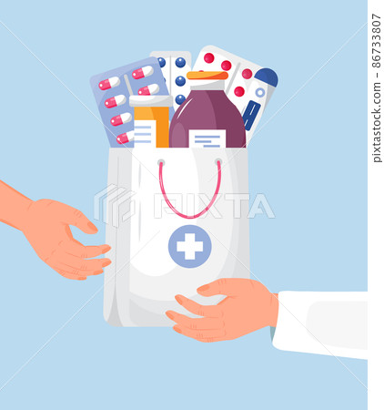 Pharmacy online shop concept for Ui, web, homepage. Hand of pharmacist give bag with medications, pills. Pharmacy online shop concept for Ui, web, homepage. Hand of pharmacist give bag with medications, pills. 86733807