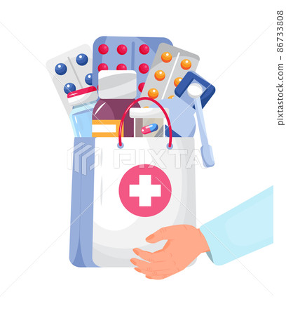 Pharmacy online shop concept for Ui, web, homepage. Hand of pharmacist give bag with medications, pills. Pharmacy online shop concept for Ui, web, homepage. Hand of pharmacist give bag with medications, pills. 86733808
