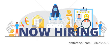 Now hiring, great gob vector illustration. Startup, gob interview online concept with tiny people, big letters. 86733809