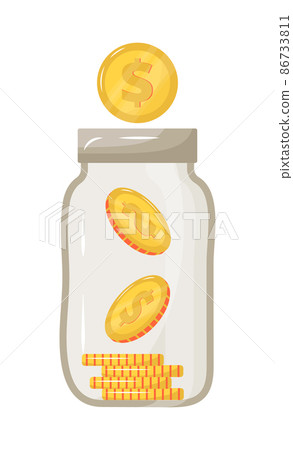 Money box concept vector. Glass bank with gold coins. Save money Money box concept vector. Glass bank with gold coins. Save money 86733811