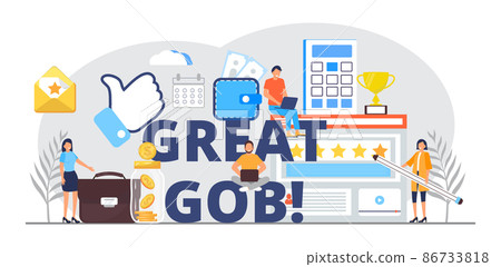 Now hiring, great gob vector illustration. Startup, gob interview online concept with tiny people, big letters. Now hiring, great gob vector illustration. Startup, gob interview online concept with tiny people, big letters. 86733818