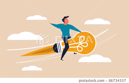 Idea booster career and success business innovation on cloud. Finance rocket with character vector illustration concept. Lamp future on progress spaceship with man. People smart with performance Idea booster career and success business innovation on cloud. Finance rocket with character vector illustration concept. Lamp future on progress spaceship with man. People smart with performance 86734337