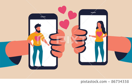 Mobile love online and social talking people. Romantic phone connection and network dating vector illustration concept. Hand holding smartphone and device application. Communication chat service Mobile love online and social talking people. Romantic phone connection and network dating vector illustration concept. Hand holding smartphone and device application. Communication chat service 86734338