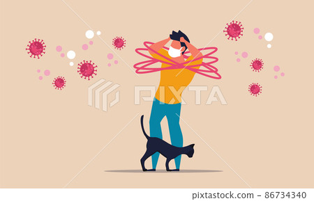 Pandemic fatigue and patient sick weakness. Man with headache and depression health from home vector illustration concept. Psychology and worried tired from virus. Coronavirus problem and stressed Pandemic fatigue and patient sick weakness. Man with headache and depression health from home vector illustration concept. Psychology and worried tired from virus. Coronavirus problem and stressed 86734340