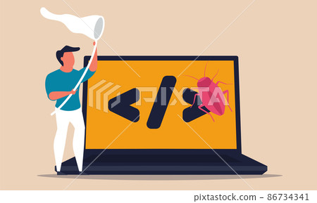 Debugging code software and search bug error from screen laptop. Source datum testing and fixing vector illustration concept. Website security online and development problem. Debug cyber data script Debugging code software and search bug error from screen laptop. Source datum testing and fixing vector illustration concept. Website security online and development problem. Debug cyber data script 86734341