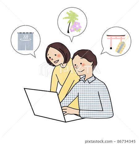 Men and women looking up travel destinations on a computer Men and women looking up travel destinations on a computer 86734345