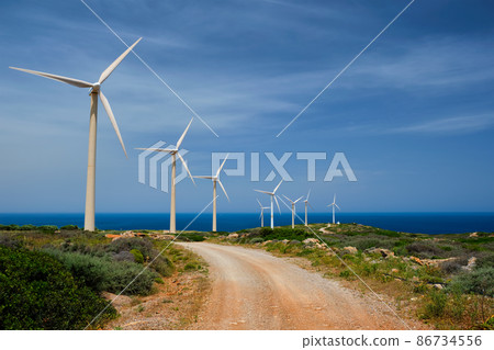 Wind generator turbines. Crete island, Greece 86734556