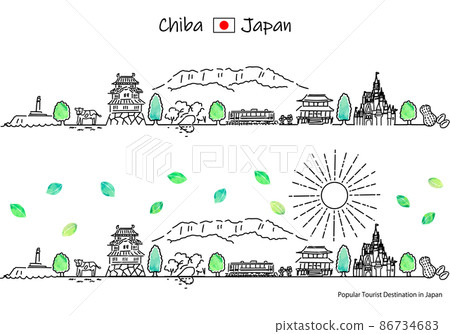夏季千葉縣旅遊景點的城市景觀和陽光的簡單線條畫集 86734683