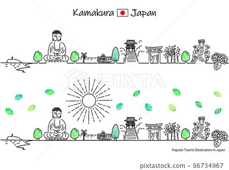 Simple line art set of the cityscape and the sun of the tourist spots in Kamakura in the summer 86734967