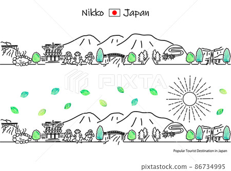 Simple line drawing set of the cityscape and the sun of the tourist spot in Nikko in the summer 86734995