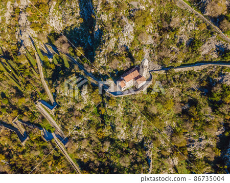 Kotor Old Town Ladder of Kotor Fortress Hiking Trail. Aerial drone view 86735004