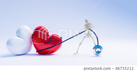 skelleton holding stethoscope and pulling heart, funny skelleton and health care with safe heart concept 86735212