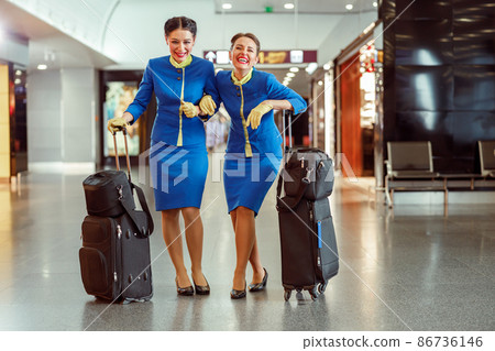 Cheerful stewardesses with travel bags standing in airport terminal 86736146