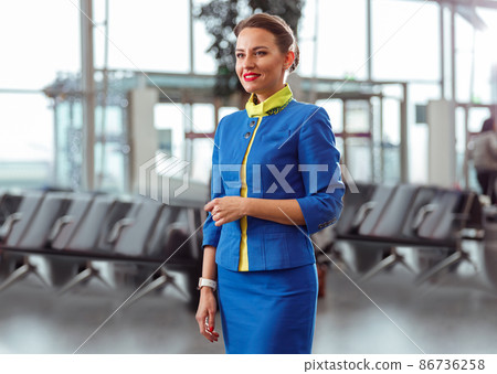 Joyful flight attendant standing in airport terminal Joyful flight attendant standing in airport terminal 86736258