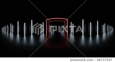 360 degree full panorama of dark futuristic environment with laser led lights and red gate 3d render illustration hdri hdr vr virtual reality content 360 degree full panorama of dark futuristic environment with laser led lights and red gate 3d render illustration hdri hdr vr virtual reality content 86737307