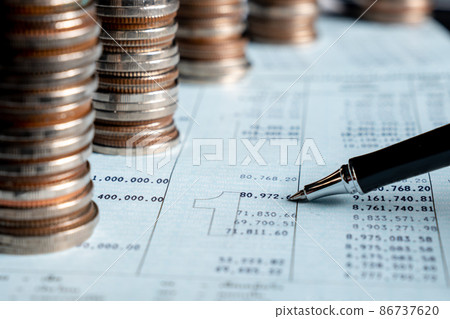 Pile of gold coins money stack in finance treasury deposit bank account saving Pile of gold coins money stack in finance treasury deposit bank account saving 86737620