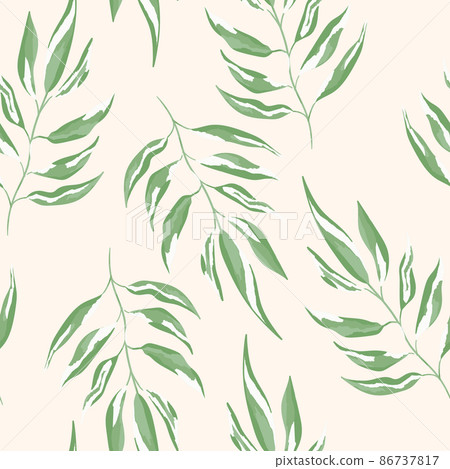 Green and white seamless pattern with sprigs. Vector stock illustration for fabric, textile, wallpaper, posters, paper. Fashion print. Branch with monstera leaves. Doodle style 86737817