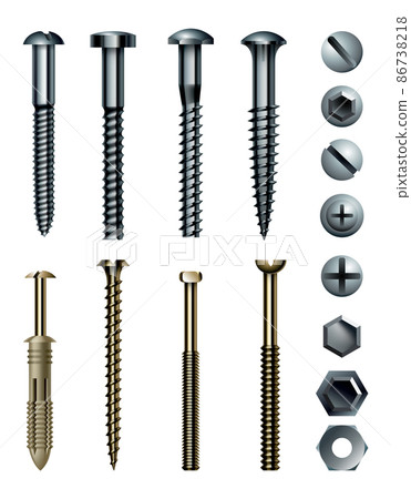 Set of metal screw, bolt and rivet heads. Collection of different industrial or DIY elements. Isolated realistic vector illustration Set of metal screw, bolt and rivet heads. Collection of different industrial or DIY elements. Isolated realistic vector illustration 86738218