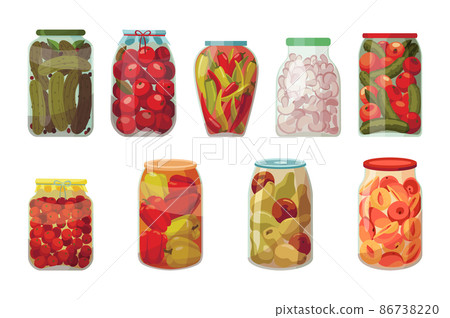 Jars preserved vegetables. Cans of pickled tomatoes, cucumbers and peppers. Cartoon canned food in glass jars with berry fruit or mushrooms. Grocery conserve containers 86738220