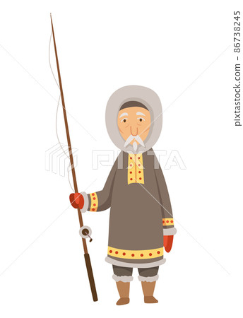 Polar eskimo character. Indigenous fisherman wearing traditional warm clothes. Person with cishing rod. Traditional ethnic character Polar eskimo character. Indigenous fisherman wearing traditional warm clothes. Person with cishing rod. Traditional ethnic character 86738245