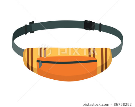 Waist bag flat template. Fanny pack as popular personal item elements and fashion accessory. Colorful trendy banana shaped belt bag 86738292