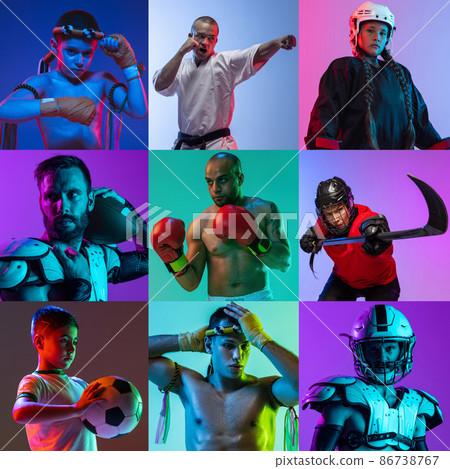 Portraits of sportive poople of different age poosing, training isolated over multicolored background in neon lights. Collage 86738767