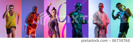 Full-length portraits of young sportive people, men and woman training isolated over multicolored background in neon. Collage Full-length portraits of young sportive people, men and woman training isolated over multicolored background in neon. Collage 86738768