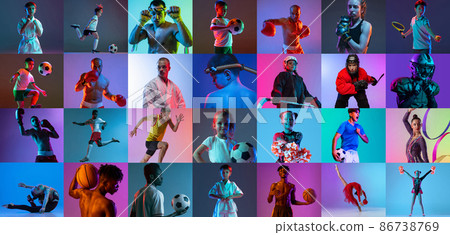 Collage. Portraits of young sportsmen and children training, posing isolated over multicolored background in neon light Collage. Portraits of young sportsmen and children training, posing isolated over multicolored background in neon light 86738769