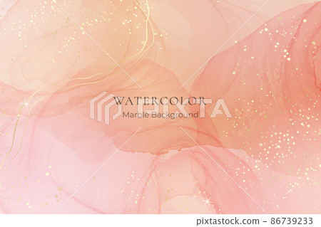 Rose pink liquid watercolor background with golden dots. Dusty blush marble alcohol ink drawing effect. Vector illustration design template for wedding invitation, menu, rsvp 86739233